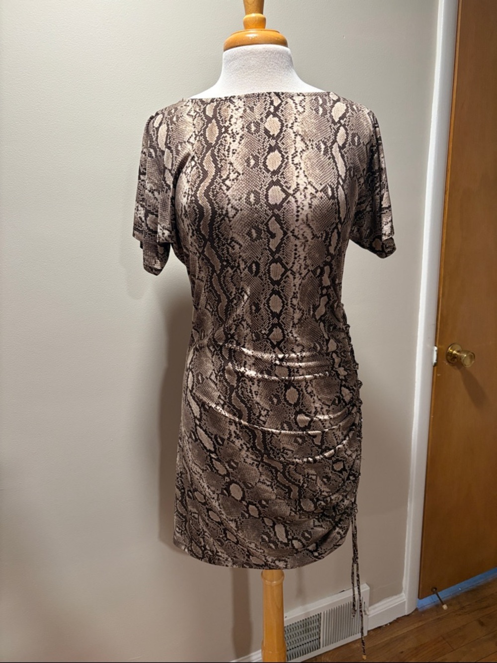 MICHAEL Michael Kors Brown Snake-Print Short Sleeve Ruched Mini Dress